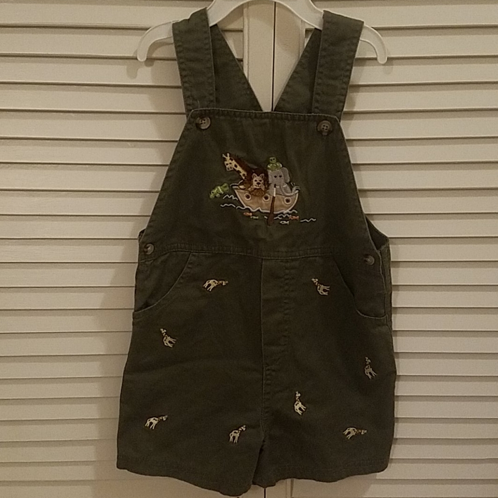 Boys overalls with Noah's Ark embroidery.